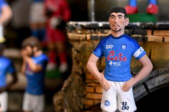 The terracotta statuettes of the Napoli players make up the 'blue nativity scene' created for the upcoming ''Scudetto party'' by the craftsman of San Gregorio Armeno Genny Di Virgilio, in Naples, Italy, 28 April 2023. SSC Napoli lead the Serie A, continuing their seemingly unstoppable march towards the title. ANSA / CIRO FUSCO