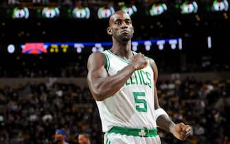 BOSTON, MA - JANUARY 24: Kevin Garnett #5 of the Boston Celtics pounds his chest before a game against the New York Knicks on January 24, 2013 at the TD Garden in Boston, Massachusetts.  NOTE TO USER: User expressly acknowledges and agrees that, by downloading and or using this photograph, user is consenting to the terms and conditions of the Getty Images License Agreement. Mandatory Copyright Notice: Copyright 2013 NBAE  (Photo by Brian Babineau/NBAE via Getty Images)