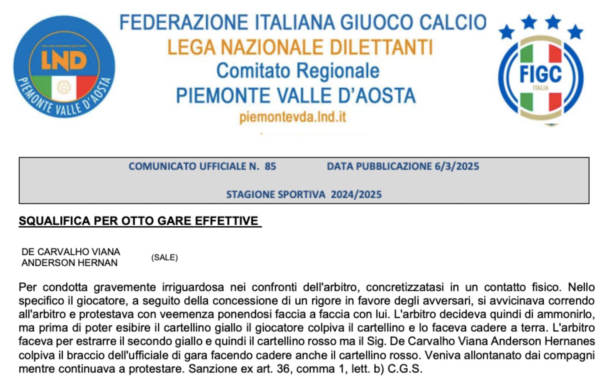 Il comunicato ufficiale della Lega Nazionale Dilettanti (Comitato regionale Piemonte Valle d'Aosta)