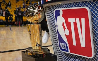 SAN FRANCISCO, CA - JUNE 13: A detailed view of the Larry O'Brien Championship Trophy on the NBA TV set prior Game Five of the 2022 NBA Finals on June 13, 2022 at Chase Center in San Francisco, California. NOTE TO USER: User expressly acknowledges and agrees that, by downloading and or using this photograph, user is consenting to the terms and conditions of Getty Images License Agreement. Mandatory Copyright Notice: Copyright 2022 NBAE (Photo by Jesse D. Garrabrant/NBAE via Getty Images)