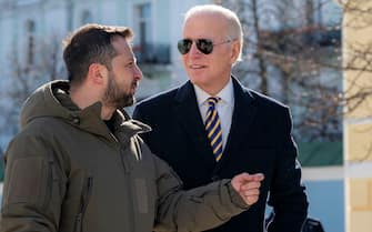 Handout photo shows US President Joe Biden walks next to Ukrainian President Volodymyr Zelensky as he arrives for a visit in Kyiv on February 20, 2023. Biden made a surprise trip to Kyiv on February 20, 2023, ahead of the first anniversary of Russia's invasion of Ukraine. Photo by Ukrainian Presidency via ABACAPRESS.COM