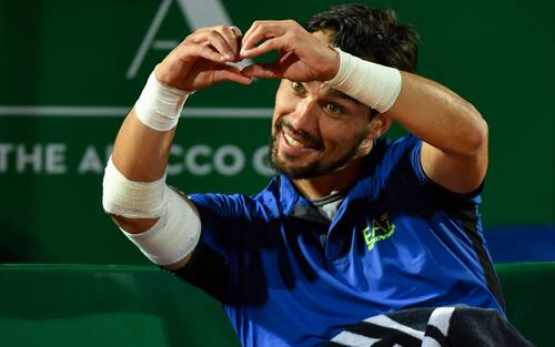 Italy's Fabio Fognini celebrates after wiining victory against Croatia's Borna Coric during their quarter final tennis match on the day 7 of the Monte-Carlo ATP Masters Series tournament on April 19, 2019 in Monaco. 
Yann COATSALIOU / AFP (Photo by YANN COATSALIOU / AFP)        (Photo credit should read YANN COATSALIOU/AFP via Getty Images)