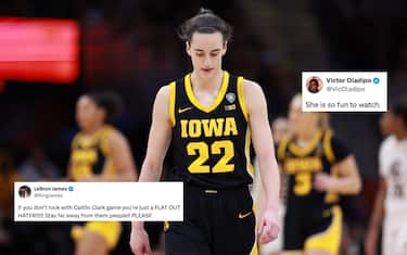 CLEVELAND, OHIO - APRIL 07: Caitlin Clark #22 of the Iowa Hawkeyes reacts in the second half during the 2024 NCAA Women's Basketball Tournament National Championship game against the South Carolina Gamecocks at Rocket Mortgage FieldHouse on April 07, 2024 in Cleveland, Ohio. (Photo by Gregory Shamus/Getty Images)