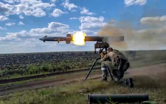 epa10145166 A still image taken from a handout video provided by the Russian Defence Ministry's press service on 29 August 2022 shows a Russian serviceman firing a man-portable anti-tank guided missile 'Kornet' during fights at an undisclosed location in Ukraine. On 24 February 2022 Russian troops entered the Ukrainian territory in what the Russian president declared as a 'Special Military Operation', starting an armed conflict that has provoked destruction and a humanitarian crisis.  EPA/RUSSIAN DEFENCE MINISTRY PRESS S  HANDOUT EDITORIAL USE ONLY/NO SALES