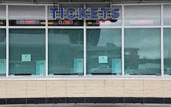 KANSAS CITY, MO - MARCH 19:  The closed ticket window of Kauffman Stadium, home of the Kansas City Royals, is seen as it sits empty as Major League Baseball has shut down competition due to coronavirus on March 19, 2020 in Kansas City, Missouri. The NBA, NHL, NCAA and MLB have all announced cancellations or postponements of events because of COVID-19. (Photo by Jamie Squire/Getty Images)