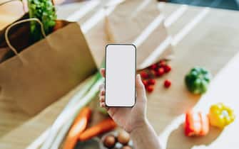Cropped hand of woman holding up smartphone against fresh produce from grocery shopping. Multi-coloured and nutritious fruits and vegetables on wooden table. Food delivery. Responsible shopping. Zero waste. Sustainable lifestyle. Lifestyle and technology