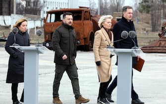 Italy Prime Minister Giorgia Meloni, Ukraine president Volodymyr Zelensky, European Commission president Ursula Von der Leyen and Prime Minister Alexander De Croo pictured during pictured during a joint meeting in Kyiv, Ukraine, Saturday 24 February 2024. Belgian Prime Minister and European Commission President are on a visit in Ukraine, on the day of the second year' anniversary of the start of the conflict with Russia. BELGA PHOTO BENOIT DOPPAGNE (Photo by BENOIT DOPPAGNE/Belga/Sipa USA)
