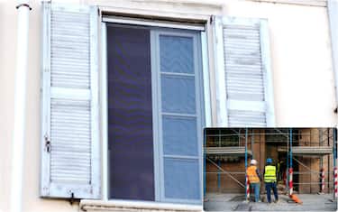 collage: finestra e operai in un cantiere 
