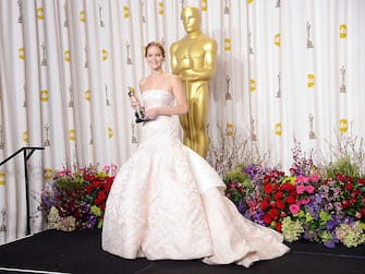 HOLLYWOOD, CA - FEBRUARY 24:  Actress Jennifer Lawrence, winner of the Best Actress award for "Silver Linings Playbook," poses in the press room during the Oscars held at Loews Hollywood Hotel on February 24, 2013 in Hollywood, California.  (Photo by Jason Merritt/Getty Images)