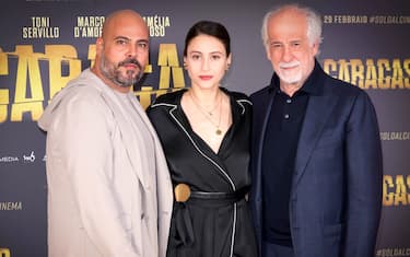 ROME, ITALY - FEBRUARY 26: Marco D'Amore,  Lina Camélia Lumbroso and Toni Servillo attend the photocall for the movie "Caracas" at Cinema Barberini on February 26, 2024 in Rome, Italy. (Photo by Franco Origlia/Getty Images)