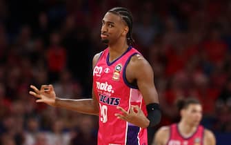 PERTH, AUSTRALIA - OCTOBER 06: Alex Sarr of the Wildcats celebrates a basket during the round two NBL match between Perth Wildcats and Adelaide 36ers at RAC Arena, on October 06, 2023, in Perth, Australia. (Photo by Paul Kane/Getty Images)