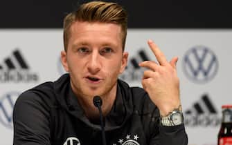 DORTMUND, GERMANY - OCTOBER 11: Marco Reus of Germany gestures during the Training Session And Press Conference on October 11, 2019 in Dortmund, Germany. Germany will play against Estonia in a during the UEFA Euro 2020 qualifier match on October 13, 2019 in Tallinn, Estonia. (Photo by TF-Images/Getty Images)