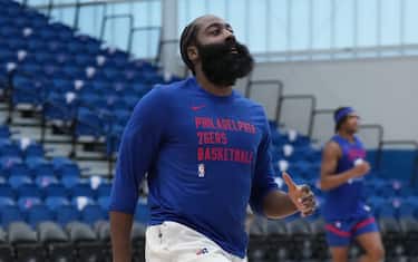 WILMINGTON, DE - OCTOBER 14: James Harden #1 of the Philadelphia 76ers during an open scrimmage on October 14, 2023 at Chase Fieldhouse in Wilmington, Delaware. NOTE TO USER: User expressly acknowledges and agrees that, by downloading and/or using this Photograph, user is consenting to the terms and conditions of the Getty Images License Agreement. Mandatory Copyright Notice: Copyright 2023 NBAE (Photo by Jesse D. Garrabrant/NBAE via Getty Images)
