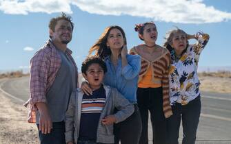 Eva Longoria (L-R) Jesse Garcia as Frank Garcia, Thom Nemer as Alexander Garcia, Eva Longoria as Val Garcia, Paulina Chavez as Mia Garcia and Rose Portillo as Lidia in Disney's ALEXANDER AND THE TERRIBLE, HORRIBLE, NO GOOD, VERY BAD ROAD TRIP. Photo by Anna Kooris. © 2024 Disney Enterprises, Inc. All Rights Reserved.