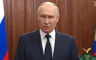 Un frame che mostra il presidente russo Vladimir Putin che parla alla nazione in diretta tv, 26 giugno 2023. NPK   tv russa +++ATTENZIONE LA FOTO NON PUO' ESSERE PUBBLICATA O RIPRODOTTA SENZA L'AUTORIZZAZIONE DELLA FONTE DI ORIGINE CUI SI RINVIA+++ +++NO SALES; NO ARCHIVE; EDITORIAL USE ONLY+++
