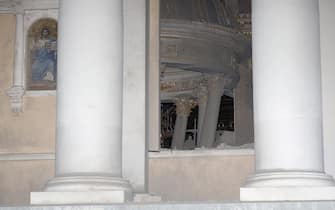 This photograph taken early on July 23, 2023, shows the destruction of the Transfiguration Cathedral building damaged as a result of a missile strike in Odesa. At least one person was killed and more than 15 wounded in a Russian attack on the southern Ukrainian port city of Odesa, the governor of the region said. (Photo by Oleksandr GIMANOV / AFP) (Photo by OLEKSANDR GIMANOV/AFP via Getty Images)