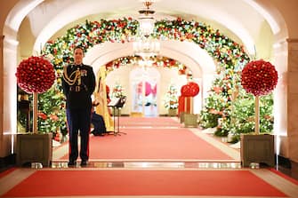 A hallway is seen decorated for the holidays during the 2023 White House Holiday media preview in Washington, DC, on November 27, 2023. The theme for the 2023 White House holiday decorations is The "Magic, Wonder, and Joy" of the Holidays. (Photo by Mandel NGAN / AFP) (Photo by MANDEL NGAN/AFP via Getty Images)