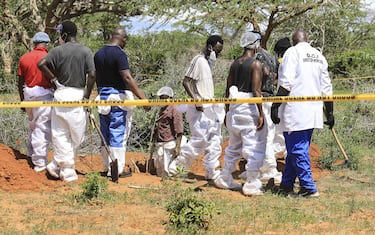epa10588058 Kenyan homicide detectives and forensic experts from the Directorate of Criminal Investigations (DCI), examine exhumed bodies from several shallow mass graves of suspected members of a Christian cult after starving themselves to death, after allegedly being told by their controversial preacher Paul Mackenzie that they would go to heaven if they starved themselves to death, in the coastal Shakahola forest, in Kilifi, Kenya, 23 April 2023. According to the Police, 18 more bodies were exhumed on 23 April bringing the tally of bodies recovered to at 39.  EPA/STR