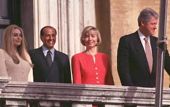 June 2, 1994, Rome, Italy: (L-R) VERONICA LARIO, Italian Prime Minister SILVIO BERLUSCONI, First Lady HILLARY CLINTON and 42nd President of the United States BILL CLINTON wave from the balcony of the Campidoglio city hall during an official visit of the US President to Rome. (Credit Image: Remi Agency/ZUMAPRESS.com)