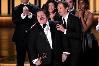 Jan 15, 2024; Los Angeles, CA, USA; Matty Matheson (left) accepts the award for best comedy series for ‘The Bear’ with Ebon Moss-Bachrach during the 75th Emmy Awards at the Peacock Theater in Los Angeles on Monday, Jan. 15, 2024. Mandatory Credit: Robert Hanashiro-USA TODAY/Sipa USA