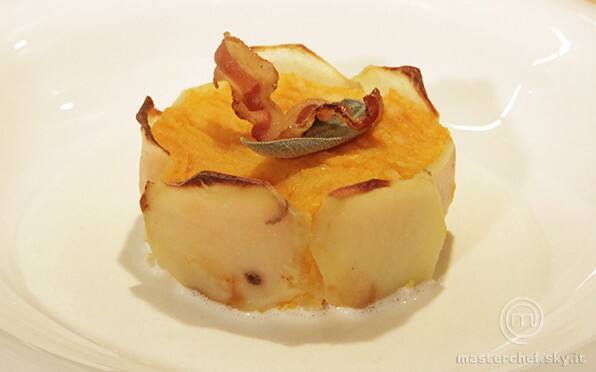 Flan di zucca e patate con guanciale croccante