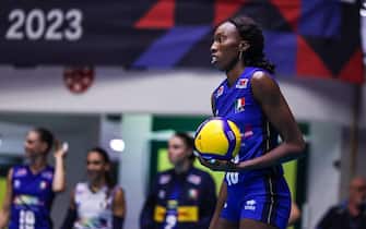 Paola Ogechi Egonu #18 of Italy seen in action during CEV EuroVolley 2023 women Final Round Pool B volleyball match between Italy and Zwitzerland at Arena di Monza, Monza, Italy on August 18, 2023