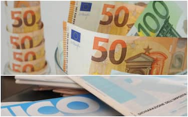 Due immagini: in alto, banconote da 50 euro in contenitori trasparenti, in basso modelli da compilare per le tasse
