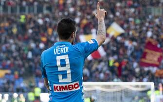 Napolis Simone Verdi jubilates after scoring the 3-1 goal during Serie A soccer match as Roma - SSC Napoli at Olimpico Stadium in Rome, 31 March 2019. ANSA/CLAUDIO PERI