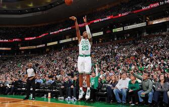 BOSTON, MA - JANUARY 6: Ray Allen #20 of the Boston Celtics shoots a three point shot against the Indiana Pacers on January 6, 2012 at the TD Garden in Boston, Massachusetts.  NOTE TO USER: User expressly acknowledges and agrees that, by downloading and or using this photograph, User is consenting to the terms and conditions of the Getty Images License Agreement. Mandatory Copyright Notice: Copyright 2012 NBAE  (Photo by Brian Babineau/NBAE via Getty Images)