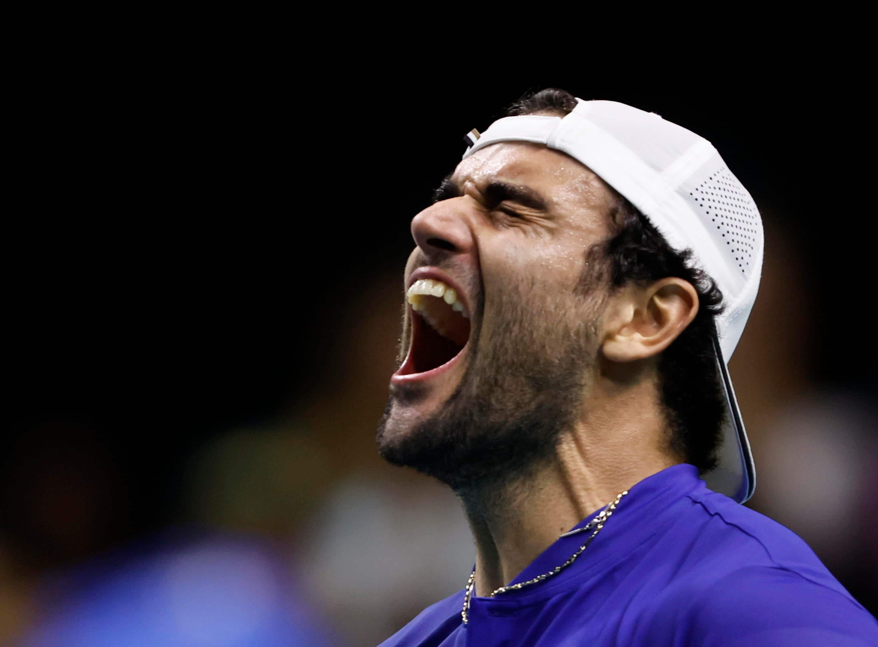 epaselect epa11738638 Matteo Berrettini of Italy celebrates winning against Botic Van de Zandschulp of the Netherlands during their match at the Davis Cup final at Jose Maria Martin Carpena Pavilion, in Malaga, southern Spain, 24 November 2024.  EPA/Jorge Zapata