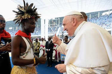 KINSHASA, DEMOCRATIC REPUBLIC OF CONGO - FEBRUARY 02: (EDITOR NOTE: STRICTLY EDITORIAL USE ONLY - NO MERCHANDISING). Pope Francis meets with young people and catechists from across the Democratic Republic of Congo on February 02, 2023 in Kinshasa, Democratic Republic of Congo. On the third day of his Apostolic Journey to the DRC, Pope Francis held a lively encounter with young people and the local Churchâ  s catechists. The meeting took place in the Martyrâ  s Stadium in Kinshasa on Thursday morning, and the Pope thanked the Congolese youth for their shows of affection and dancing. (Photo by Vatican Media via Vatican Pool/Getty Images)