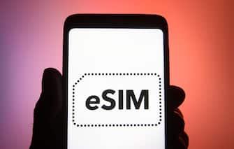 Ukraine. 27th Dec, 2021. In this photo illustration, eSIM word, name of an embedded integrated programmable SIM card that is embedded directly into a mobile phone, is seen on a smartphone. (Credit Image: © Pavlo Gonchar/SOPA Images via ZUMA Press Wire)