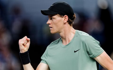 epa11656946 Jannik Sinner of Italy reacts during his Men's Singles Final match against Novak Djokovic of Serbia at the Shanghai Masters tennis tournament in Shanghai, China, 13 October 2024.  EPA/ALEX PLAVEVSKI
