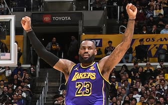 LOS ANGELES, CA - FEBRUARY 23: LeBron James #23 of the Los Angeles Lakers celebrates during the game against the San Antonio Spurs on Feburary 23, 2024 at Crypto.Com Arena in Los Angeles, California. NOTE TO USER: User expressly acknowledges and agrees that, by downloading and/or using this Photograph, user is consenting to the terms and conditions of the Getty Images License Agreement. Mandatory Copyright Notice: Copyright 2024 NBAE (Photo by Andrew D. Bernstein/NBAE via Getty Images)