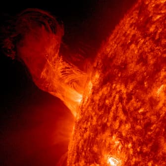 IN SPACE - DECEMBER 31: In this handout from NASA, a solar eruption rises above the surface of the sun December 31, 2012 in space. According to NASA the relatively minor eruption extended 160,000 miles out from the Sun and was about 20 times the diameter of Earth.  (Photo by NASA/SDO via Getty Images)