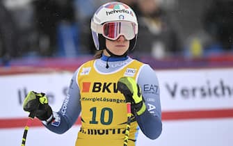 epa11017041 Marta Bassino of Italy reacts in the finish area during the women's Super-g race at the Alpine Skiing FIS Ski World Cup, in St. Moritz, Switzerland, 08 December 2023.  EPA/GIAN EHRENZELLER