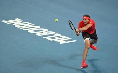 epa11819892 Alexander Zverev of Germany in action during the Men's Singles first round match against Lucas Pouille of France at the Australian Open Grand Slam tennis tournament in Melbourne, Australia, 12 January 2025.  EPA/LUKAS COCH  AUSTRALIA AND NEW ZEALAND OUT