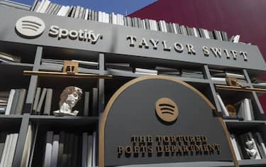LOS ANGELES, CALIFORNIA - APRIL 16: General atmosphere of Spotify's Taylor Swift pop-up at The Grove for her new album "The Tortured Poets Department" at The Grove on April 16, 2024 in Los Angeles, California. (Photo by Rodin Eckenroth/Getty Images)