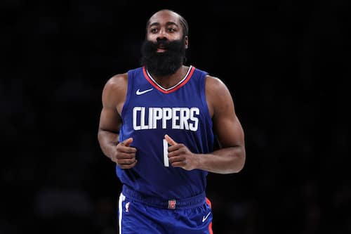 NEW YORK, NEW YORK - NOVEMBER 08: James Harden #1 of the Los Angeles Clippers looks on during the first quarter of the game against the Brooklyn Nets at Barclays Center on November 08, 2023 in the Brooklyn borough of New York City. NOTE TO USER: User expressly acknowledges and agrees that, by downloading and or using this photograph, User is consenting to the terms and conditions of the Getty Images License Agreement. (Photo by Dustin Satloff/Getty Images)