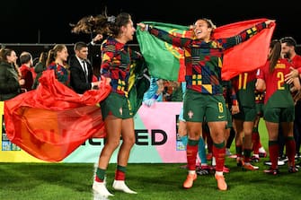 HAMILTON, NEW ZEALAND - FEBRUARY 22: Francisca Kika Nazarath and Andreia Norton of Portugal celebrate qualification for the 2023 FIFA Women's World Cup during the 2023 FIFA World Cup Play Off Tournament match between Portugal and Cameroon at Waikato Stadium on February 22, 2023 in Hamilton, New Zealand. (Photo by Joe Allison - FIFA/FIFA via Getty Images)