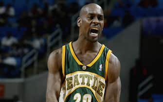CLEVELAND - DECEMBER 16:  Gary Payton #20 of the Seattle Sonics reacts to a call during the game against the Cleveland Cavaliers at Gund Arena on December 16, 2002 in Cleveland, Ohio. The Sonics won 111-98. NOTE TO USER: User expressly acknowledges and agrees that, by downloading and or using this photograph, User is consenting to the terms and conditions of the Getty Images License Agreement. (Photo by David Liam Kyle/NBAE via Getty Images)