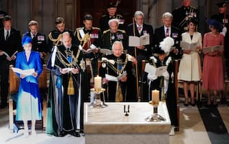 (Front L-R) Britain's Catherine, Princess of Wales, Britain's Prince William, Prince of Wales, Britain's King Charles III and Britain's Queen Camilla attend a National Service of Thanksgiving and Dedication inside St Giles' Cathedral in Edinburgh on July 5, 2023. Scotland on Wednesday marked the Coronation of King Charles III and Queen Camilla during a National Service of Thanksgiving and Dedication where the The King was presented with the Honours of Scotland. (Photo by Aaron Chown / POOL / AFP) (Photo by AARON CHOWN/POOL/AFP via Getty Images)