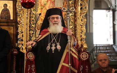 Greek Orthodox Patriarch of Jerusalem Theophilos III (R) leads mass at the Church of the Nativity in the biblical city of Bethlehem, during Epiphany celebrations on January 6, 2024. (Photo by MOSAB SHAWER / AFP) (Photo by MOSAB SHAWER/AFP via Getty Images)