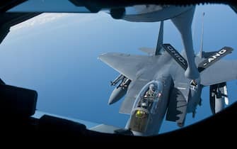 Members of the 121st Air Refueling Wing refuel an F-15E Strike Eagle using a KC-135A Stratotanker Sept. 11, 2014, off the coast of North Carolina during an exercise. The 121st ARW is from the Rickenbacker Air National Guard Base, Ohio. (U.S. Air National Guard photo/Airman 1st Class Wendy Kuhn)/SIPA_1144.09/Credit:Wendy Kuhn/U.S. Navy/SIPA/1410011158