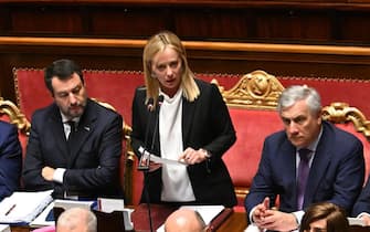 Italian Prime Minister, Giorgia Meloni, during her speech prior to the start of a confidence vote for the new government at the Italy's Senate, Rome, 26 October 2022. 
ANSA/CLAUDIO PERI