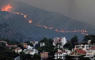 epa11546309 A fire approaches houses at Penteli mount, northeast Attica, Greece, 12 August 2024. Despite efforts by civil protection forces throughout the night, the fire raging in northeast Attica had advanced rapidly and was moving in the direction of Penteli, having spread over the Penteli mountain range. Authorities evacuated the Penteli Children's Hospital and the 414 Military Hospital in the area.  EPA/GEORGE VITSARAS