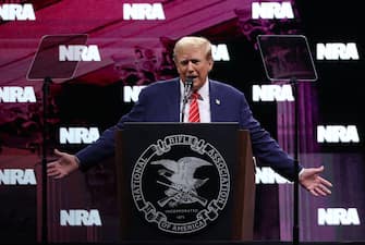 DALLAS, TEXAS - MAY 18: Former U.S. President Donald Trump speaks during the NRA ILA Leadership Forum at the National Rifle Association (NRA) Annual Meeting & Exhibits at the Kay Bailey Hutchison Convention Center on May 18, 2024 in Dallas, Texas. The National Rifle Association's annual meeting and exhibit runs through Sunday. (Photo by Justin Sullivan/Getty Images)