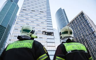 RUSSIA, MOSCOW - JULY 30, 2023: First responders are seen at the  Moscow International Business Centre (Moscow City) where explosions have hit the Oko-2 tower and a tower of the IQ-Quarter complex. Earlier, Moscow Mayor Sergei Sobyanin said the city was attacked by Ukrainian drones; according to the Russian Defence Ministry, three Ukrainian UAVs took part in the attack, one of them destroyed in the air over the Moscow Region's Odintsovo District. Moscow's Vnukovo Airport was temporarily closed for traffic amid the accident. Mikhail Tereshchenko/TASS/Sipa USA