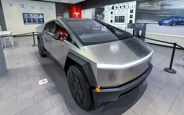 A Tesla Cybertruck at a Tesla store in San Jose, California, US, on Tuesday, Nov. 28, 2023. The first Cybertruck customers will receive the vehicles during a launch event at Tesla's Austin headquarters this week. Photographer: David Paul Morris/Bloomberg via Getty Images