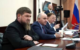 Chechen leader Ramzan Kadyrov (L) attends a meeting of the Council on Interethnic Relations chaired by President Vladimir Putin in Pyatigorsk, Stavropol Krai region, on May 19, 2023. (Photo by Tatiana Barybina / Press service of the governor of the Stavropol Territory / AFP) / RESTRICTED TO EDITORIAL USE 
AFP / SPUTNIK / Press service of the governor of the Stavropol Krai region / Tatiana Barybina (Photo by TATIANA BARYBINA/Press service of the governor of/AFP via Getty Images)